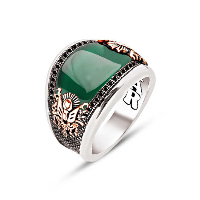 Silver Special Facet Cut Green Agate Edge Black Zircon Inlaid Ottoman Coat of Arms Men's Ring
