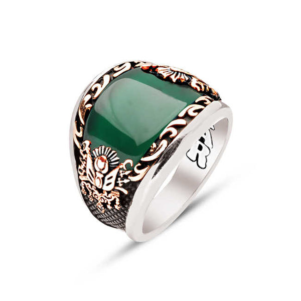 Silver Special Facet Cut Green Agate Edge Inlaid Ottoman Coat of Arms Men's Ring