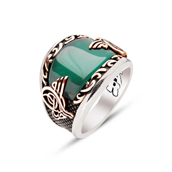 Silver Special Facet Cut Green Agate Edges Inlaid Ottoman Tughra Men's Ring
