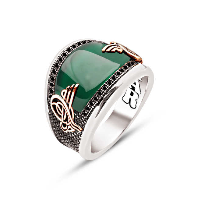 Silver Special Facet Cut Green Agate Edges Black Zircon Inlaid Ottoman Tughra Men's Ring