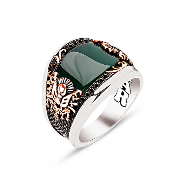 Silver Special Facet Cut Green Agate Edges Black Zircon and Motives Inlaid Ottoman Coat of Arms Men's Ring