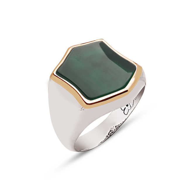 Silver Special Facet Cut Green Agate Stone Plated Ring