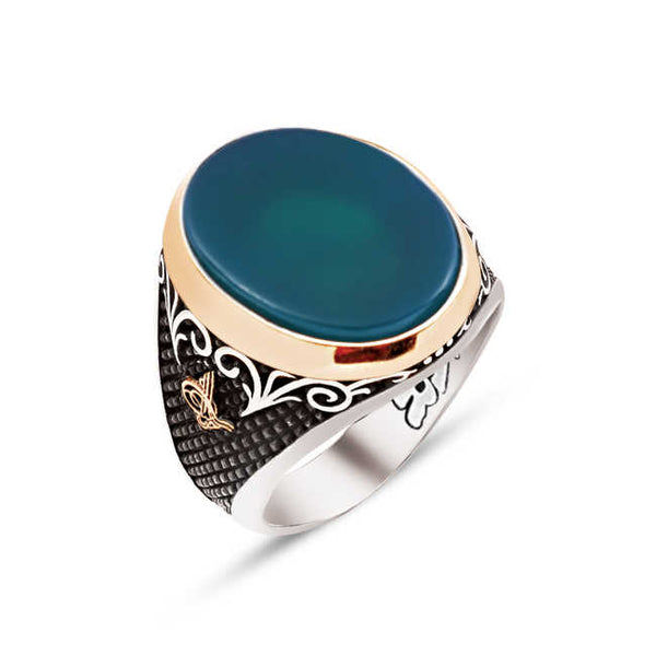 Silver Special Facet Cut Green Agate Stone Edges Ottoman Tughra Engraved Ring