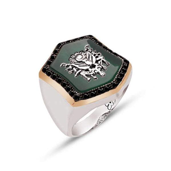 Silver Special Facet Cut Green Agate Stone On Ottoman Armored Black Zircon Stone Engraved Ring
