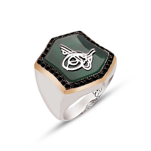 Silver Special Facet Cut Green Agate Stone Top Ottoman Tughra Black Zircon Stone Engraved Ring
