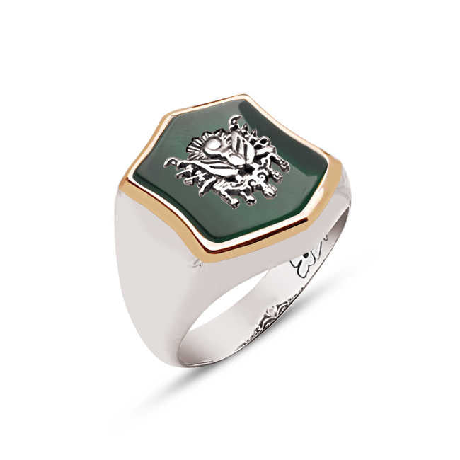 Silver Special Facet Cut Green Agate Stone Ottoman Coat of Arms Ring