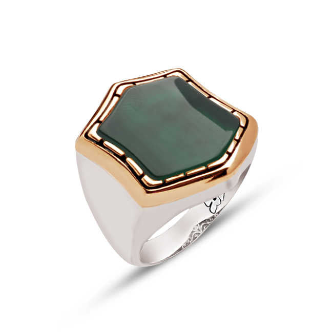 Silver Special Facet Cut Green Agate Stone Men's Ring