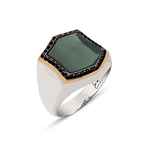 Silver Special Facet Cut Green Agate Stone Edged Zircon Ring