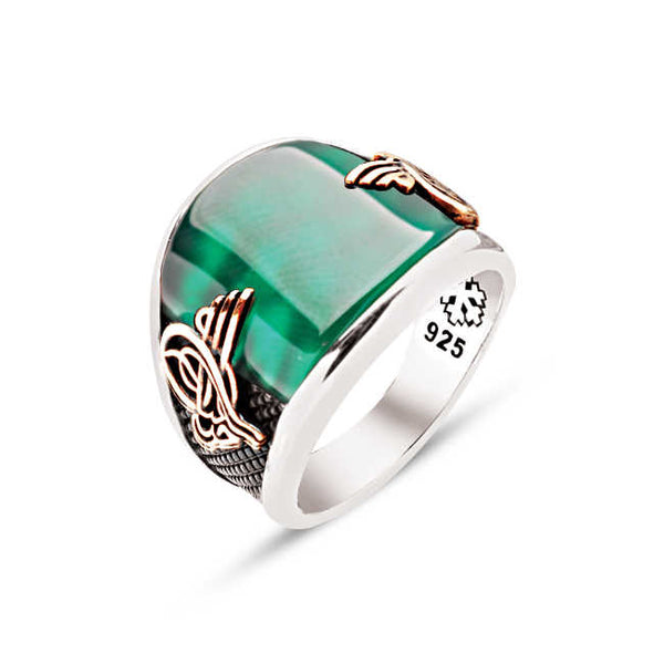 Silver Special Facet Cut Green Agate Stone Ottoman Tughra Ring
