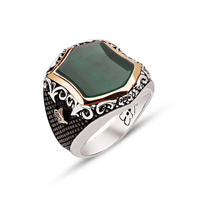 Silver Special Facet Cut Green Agate Stone Side Ring With Tughra