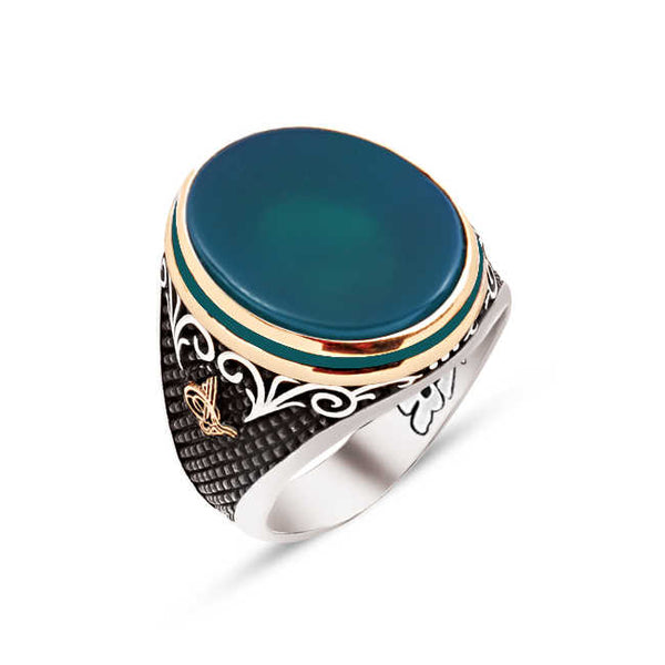 Silver Special Facet Cut Green Agate Stone Green Enameled Ottoman Tughra Engraved Ring