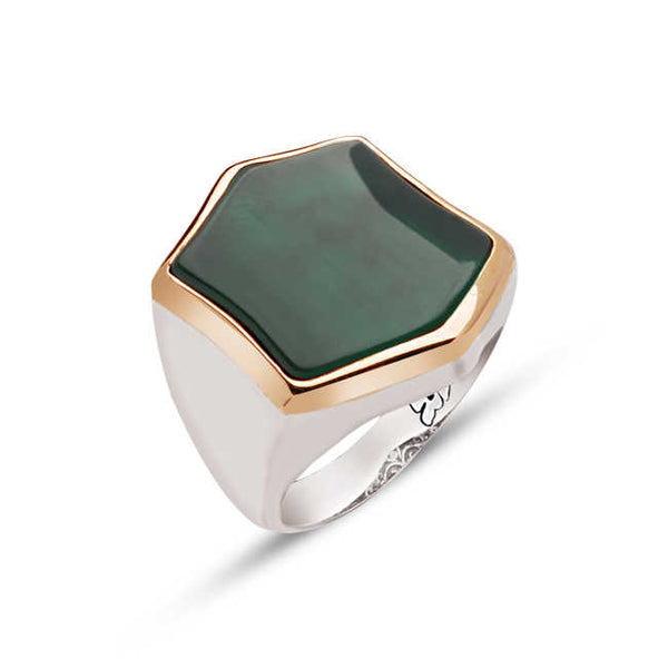 Silver Special Facet Cut Green Agate Stone Ring