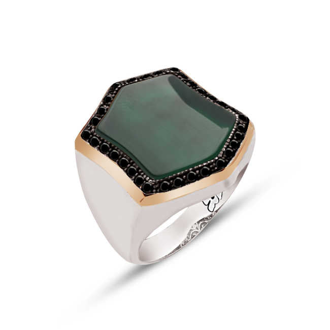 Silver Special Facet Cut Green Agate Stone Zircon Engraved Ring