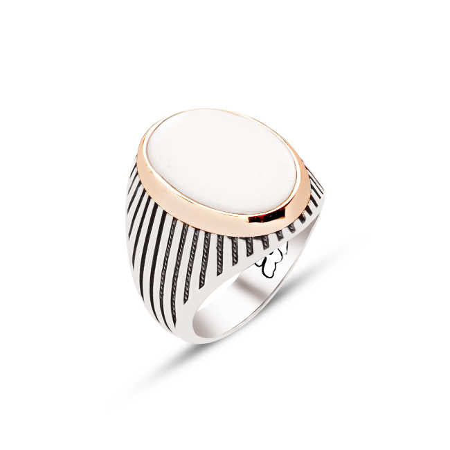 Silver Mother of Pearl Stone Men's Ring