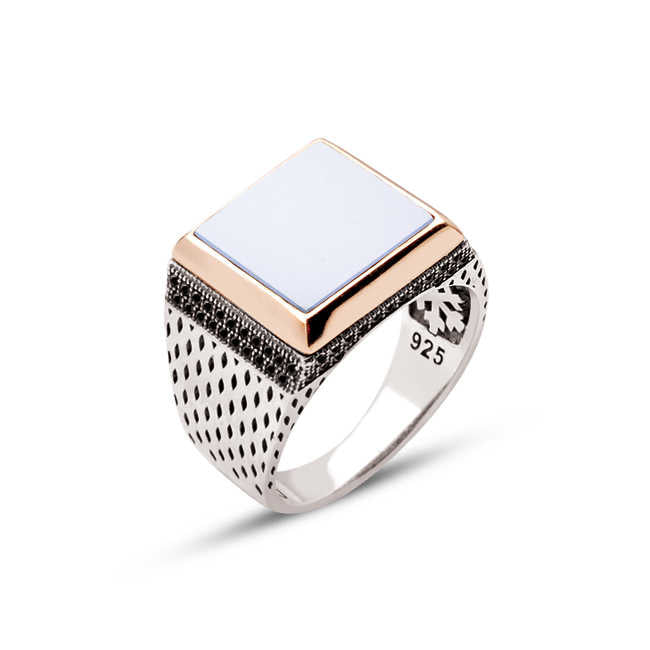 Sterling Silver Square Ring with Mother of Pearl Stones and Zircon Ornaments on the Sides