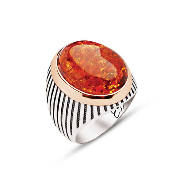 Sterling Silver Synthetic Amber Stone Striped Case Men's Ring