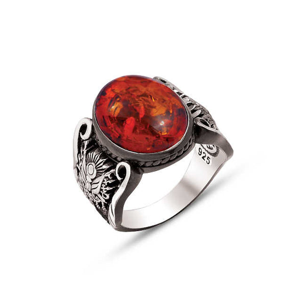 Sterling Silver Synthetic Amber Stone Edged Ring with Ottoman Coat of Arms and Ottoman Tughra