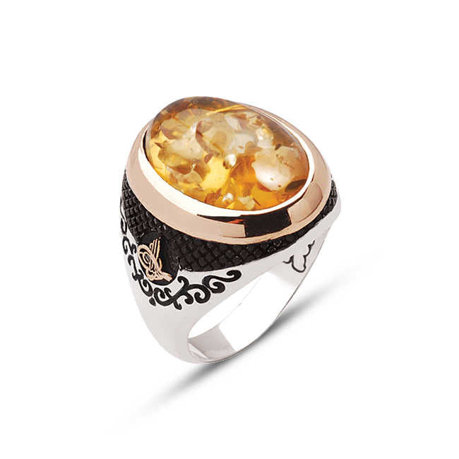 Synthetic Amber Stone Edged Ottoman Tughra Ring in Sterling Silver