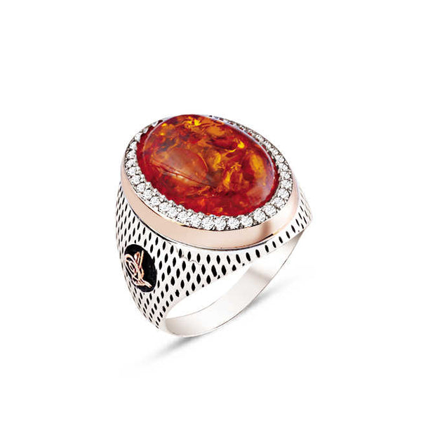 Sterling Silver Synthetic Amber Ring Surrounded With Zircon Stones
