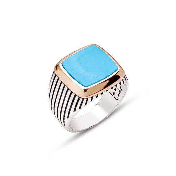 Silver Tightened Turquoise Stone Striped Cased Ring