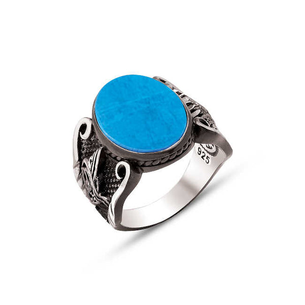 Silver Squeezed Turquoise Stone Edged Ottoman Coat of Arms and Ottoman Tughra Ring
