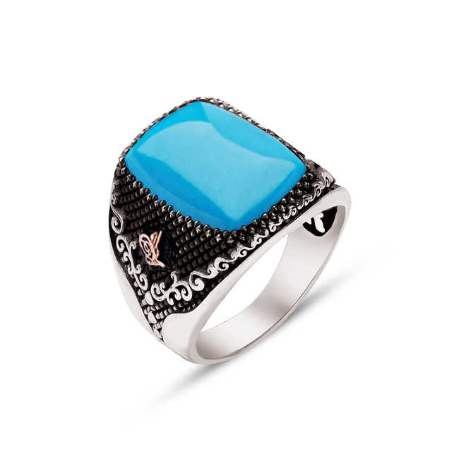 Silver Squeezed Turquoise Stone Side Tughra Ring