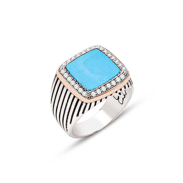 Silver Tightened Turquoise Stone Striped Ring with White Zircon Stone on the Sides