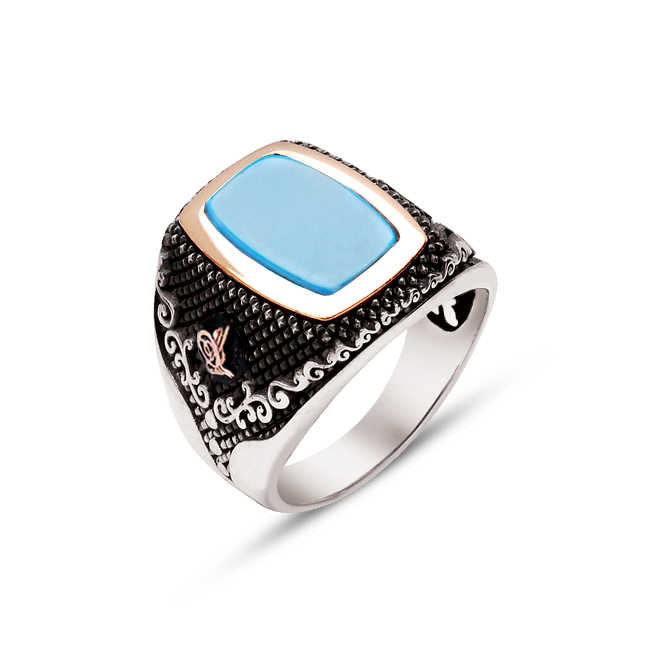 Silver Tight Turquoise Stone Sides Ottoman Tughra Ring