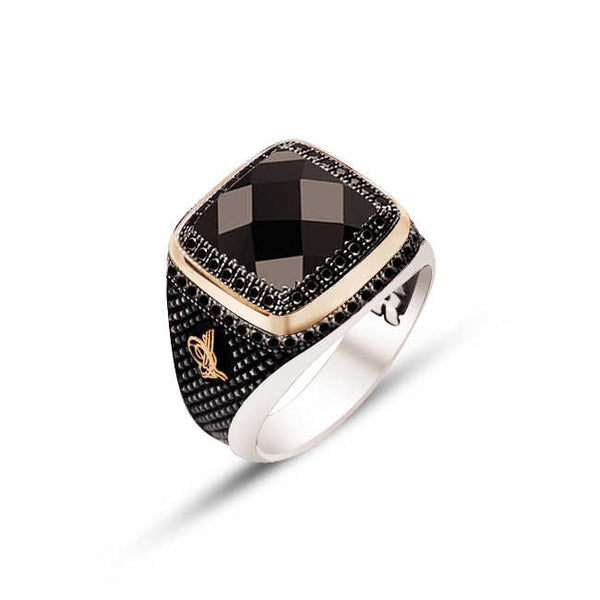 Sterling Silver 925K Ring for Men with Black Facet Stone and Black Zircon