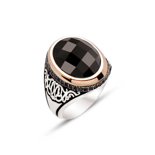 Sterling Silver 925K Ring for Men with Black Facet Stone on the Sides