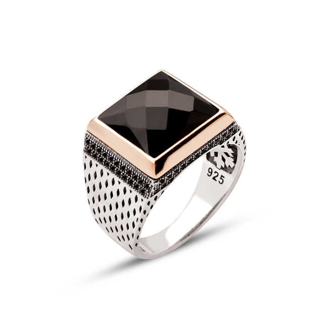 Silver Black Facet Stone Square Ring With Zircon Ornament