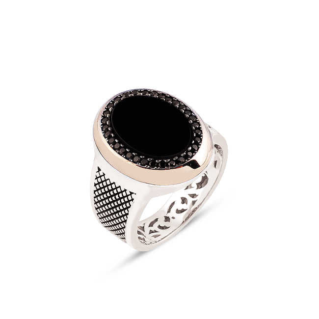 Sterling Silver 925K Ring with Onyx Stone and Zircon Ornament
