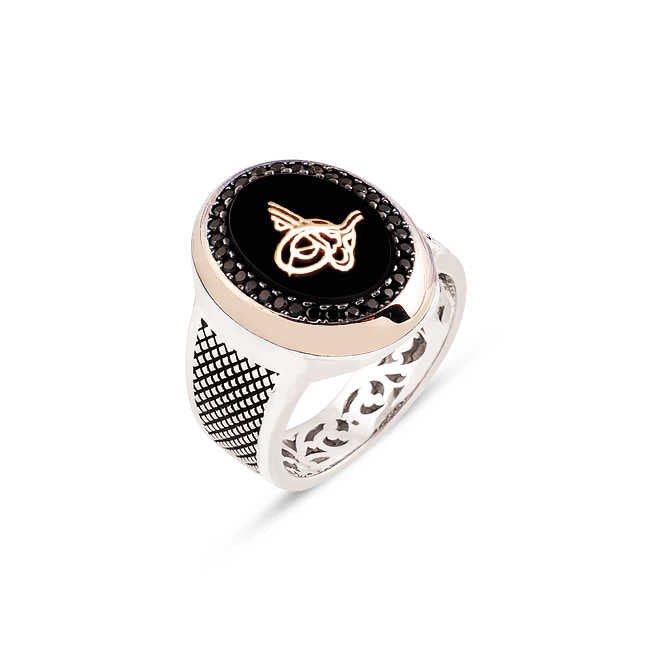 Silver Black Onyx Stone Ring with Ottoman Tughra and Zircon Ornament