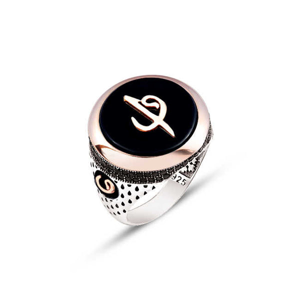 Silver Black Onyx Stone with Elif Vav on the Side Tughra Inlaid Men Ring