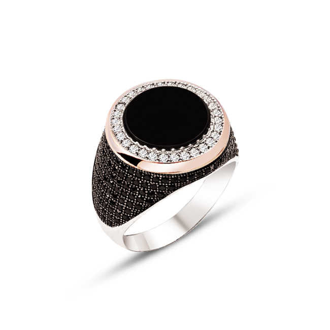 Silver Black Onyx Stone Side Complete Stone Engraved Men's Ring