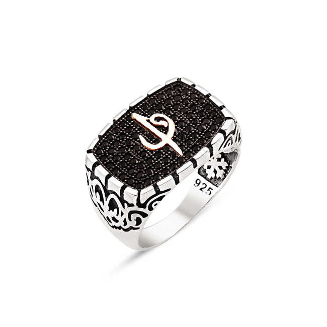 Silver Black Zircon on Stone Elif Vav Themed Side Motive Men's Ring