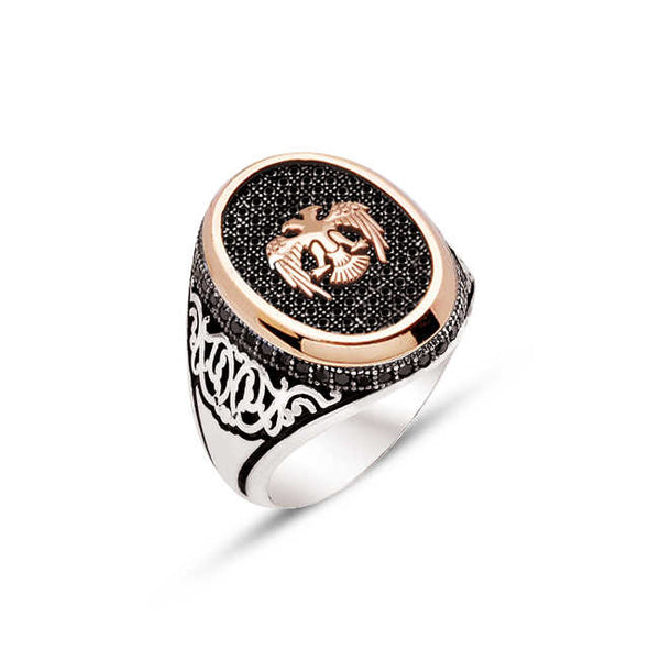 Silver Black Zircon Stone Seljuk Eagle Engraved Men Ring With Zircon Ornament On The Sides