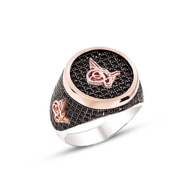 Sterling Silver Black Zircon Stone Top and Edges Tughraed Side Complete Stone Engraved Men's Ring