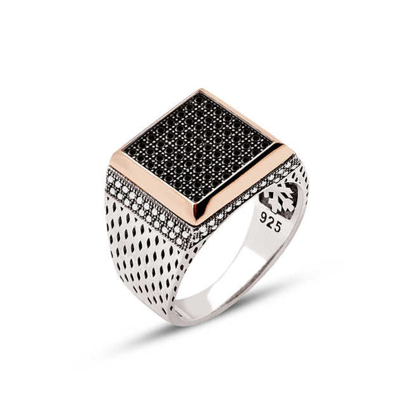 Silver Black Zircon Stone Square Model Male Ring with White Zircon Ornaments on the Sides