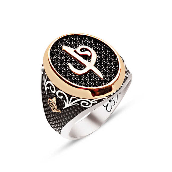 Silver Black Zircon Over ELif Vav Themed Side Tughra Engraved Men's Ring
