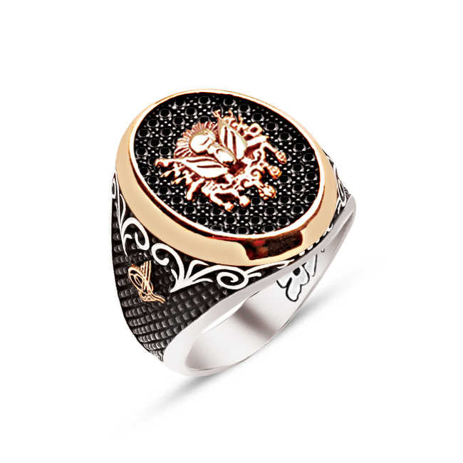 Silver Black Zircon Ottoman Coat Of Arms Side Engraved Men's Ring