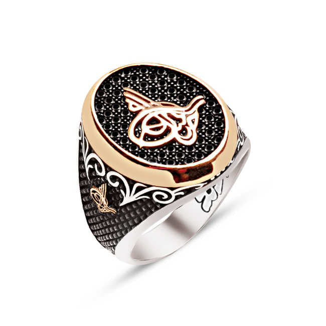 Silver Black Zircon Ottoman Tughra on the Sides of the Ottoman Tughra Engraved Men's Ring