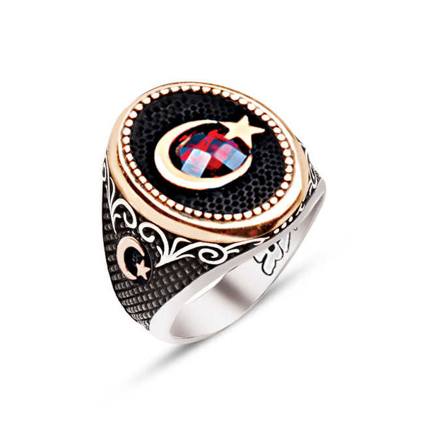 Silver Turkish Flag Moon and Star Themed Ring with Gametes