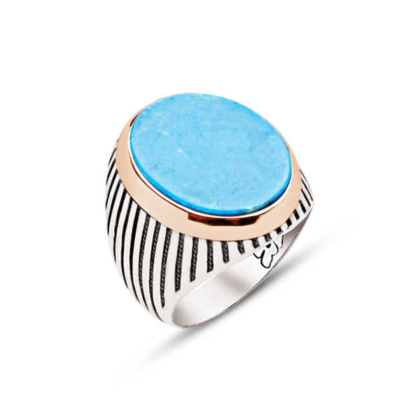 Silver Turquoise Stone Striped Case Men's Ring