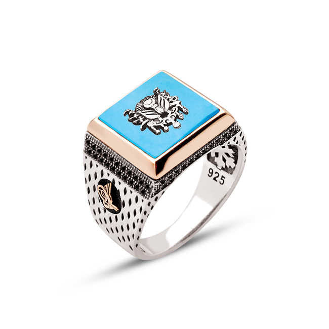 Silver Turquoise Stone Ottoman Coat of Arms Men's Ring