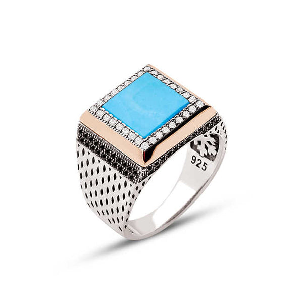 Silver Turquoise Stone Square Model Men's Ring With White Zircon Ornament