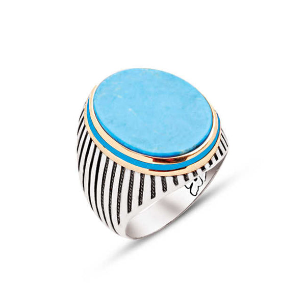 Silver Turquoise Stone Striped Enamel Decorated Side Men's Ring