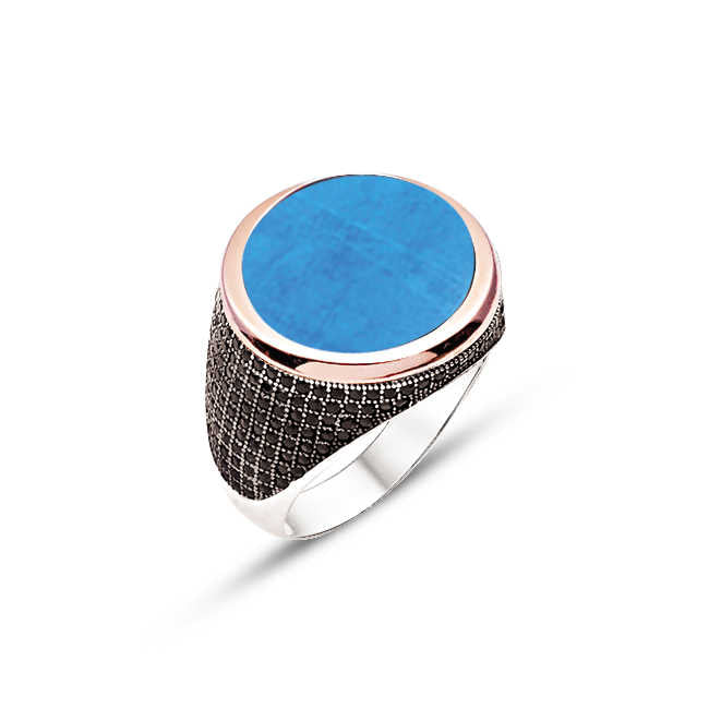 Silver Turquoise Stone Men Ring With Black Zircon Stone On The Sides