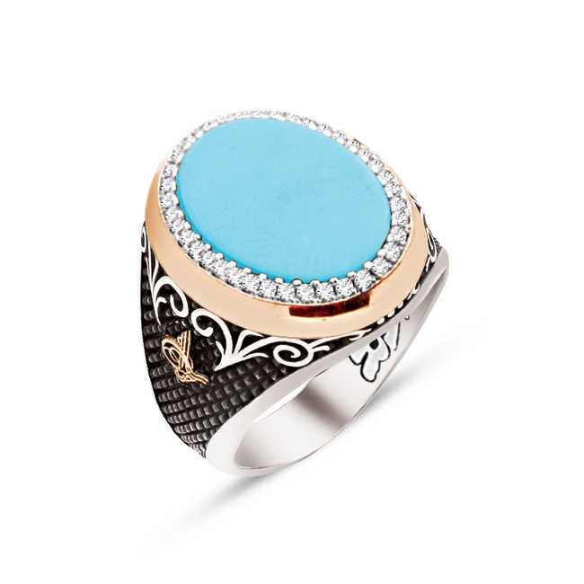 Silver Turquoise Stone Zircon Ornamented Side Tughra Inlaid Men's Ring