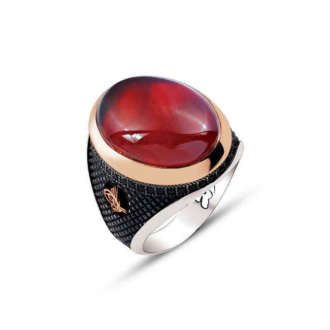 Silver Top with Agate Hood Stone and Edged Ottoman Tughra Engraved Ring